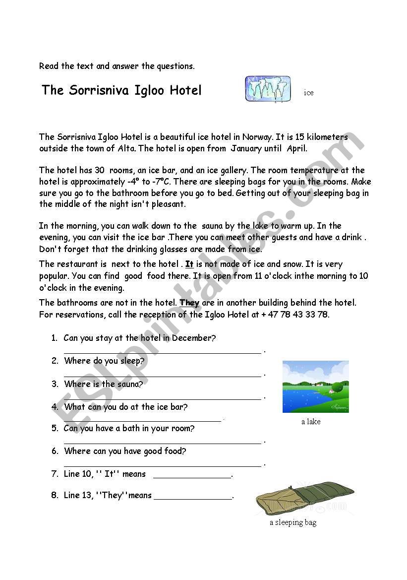 An Ice Hotel worksheet