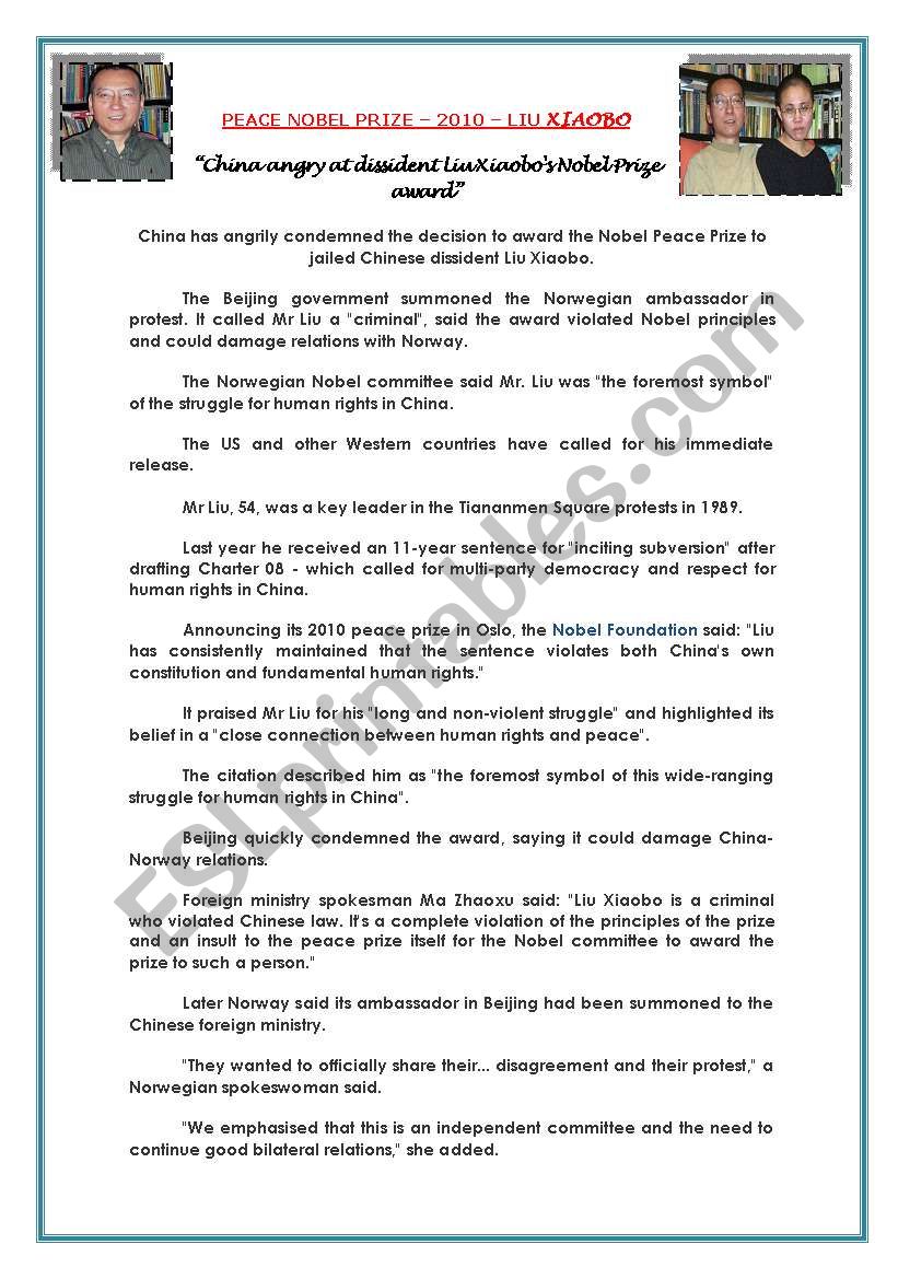 PEACE NOBEL PRIZE  worksheet