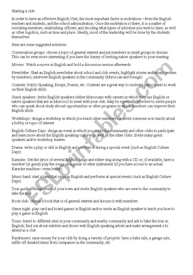 starting an English club worksheet