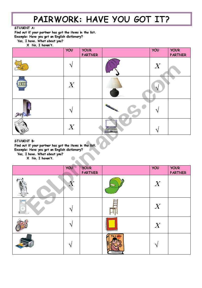 Pairwork. Have you got it? worksheet