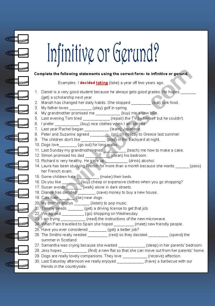 Infinite/Gerund worksheet