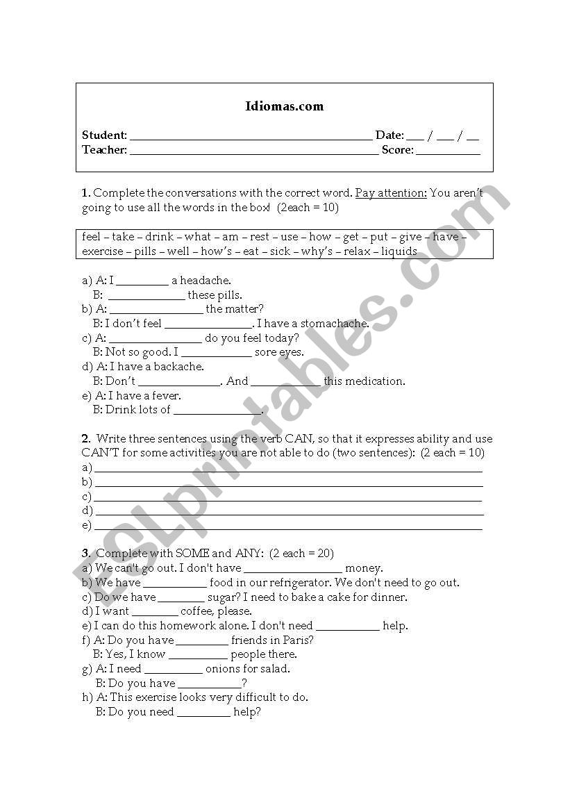 activity or test  worksheet