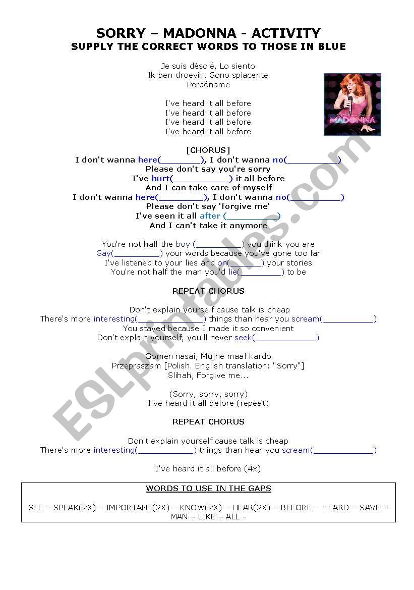 MADONNA - SORRY - CORRECTION ACTIVITY