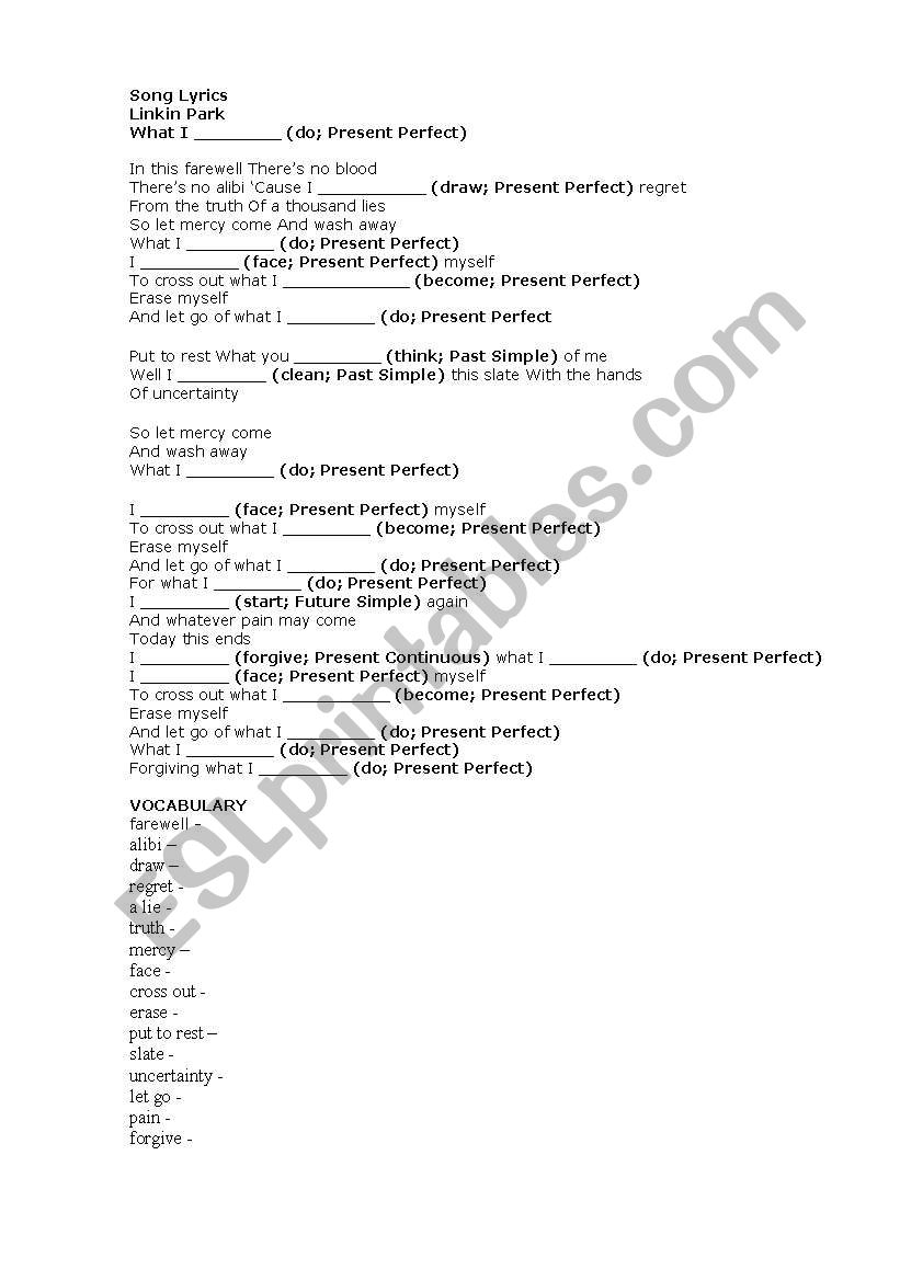 Song Lyrics TENSES Revision worksheet