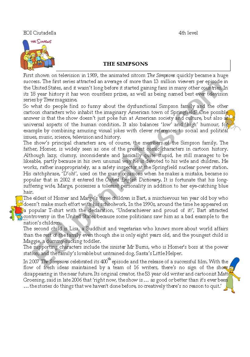 The Simpsons worksheet