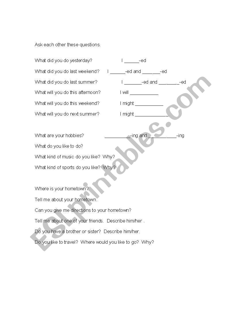 English worksheets simple questions to ask each other