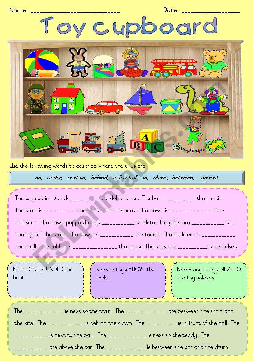 Prepositions - Toy cupboard worksheet