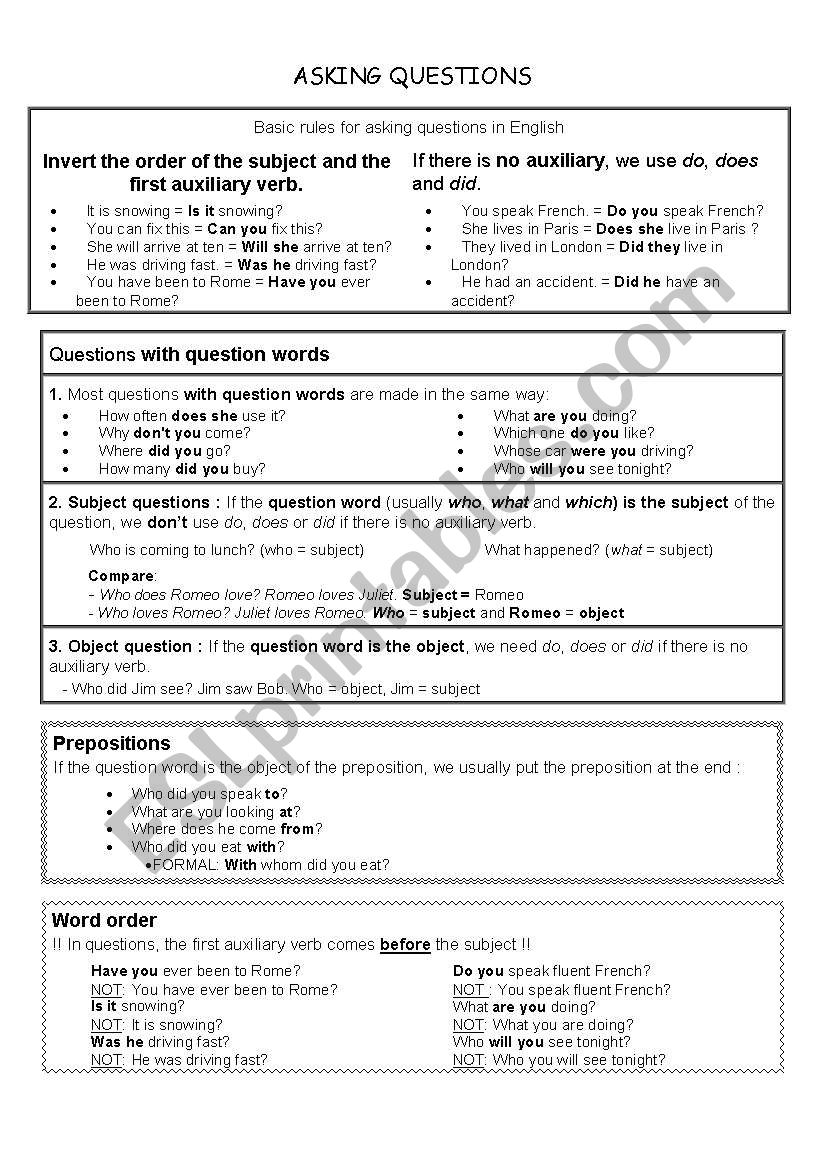 Asking questions worksheet