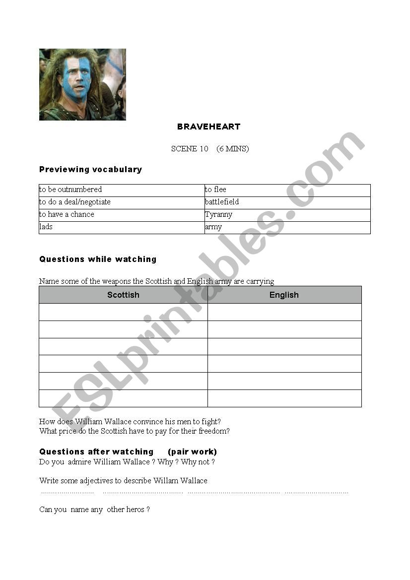 Braveheart worksheet