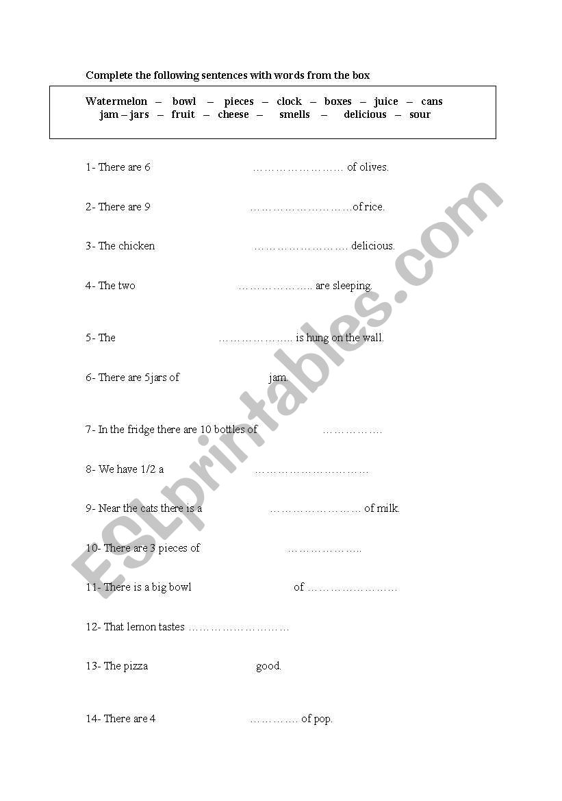 food worksheet