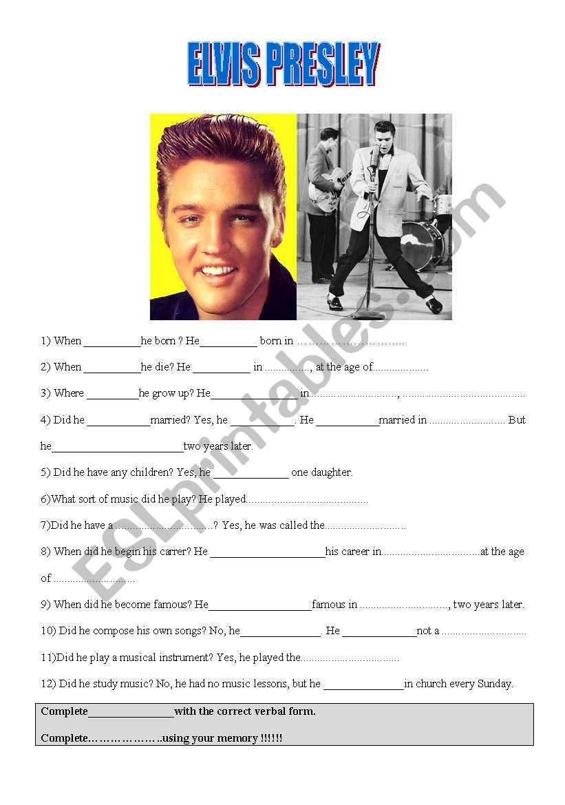 Elvis Presleys biography worksheet
