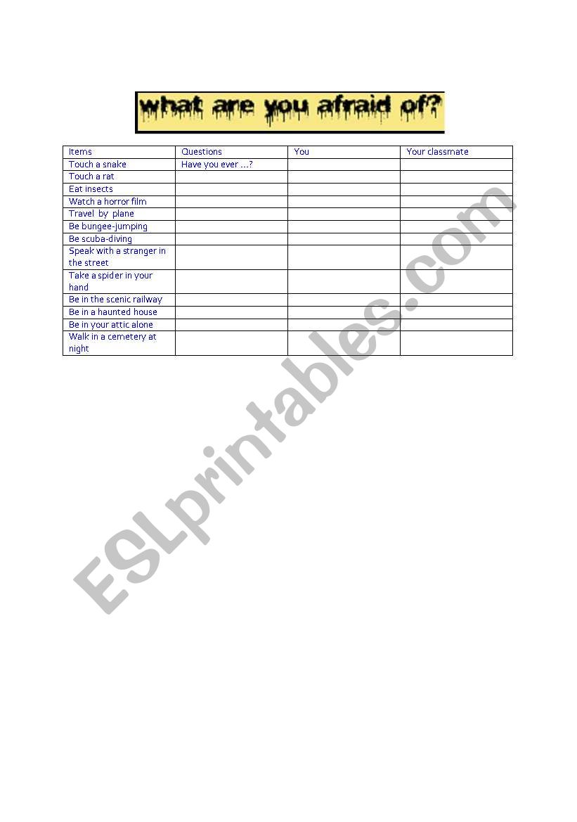 pair work about fears and phobias