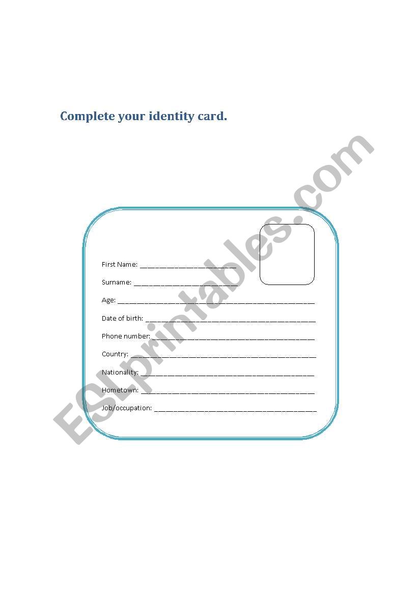 Identity Card worksheet