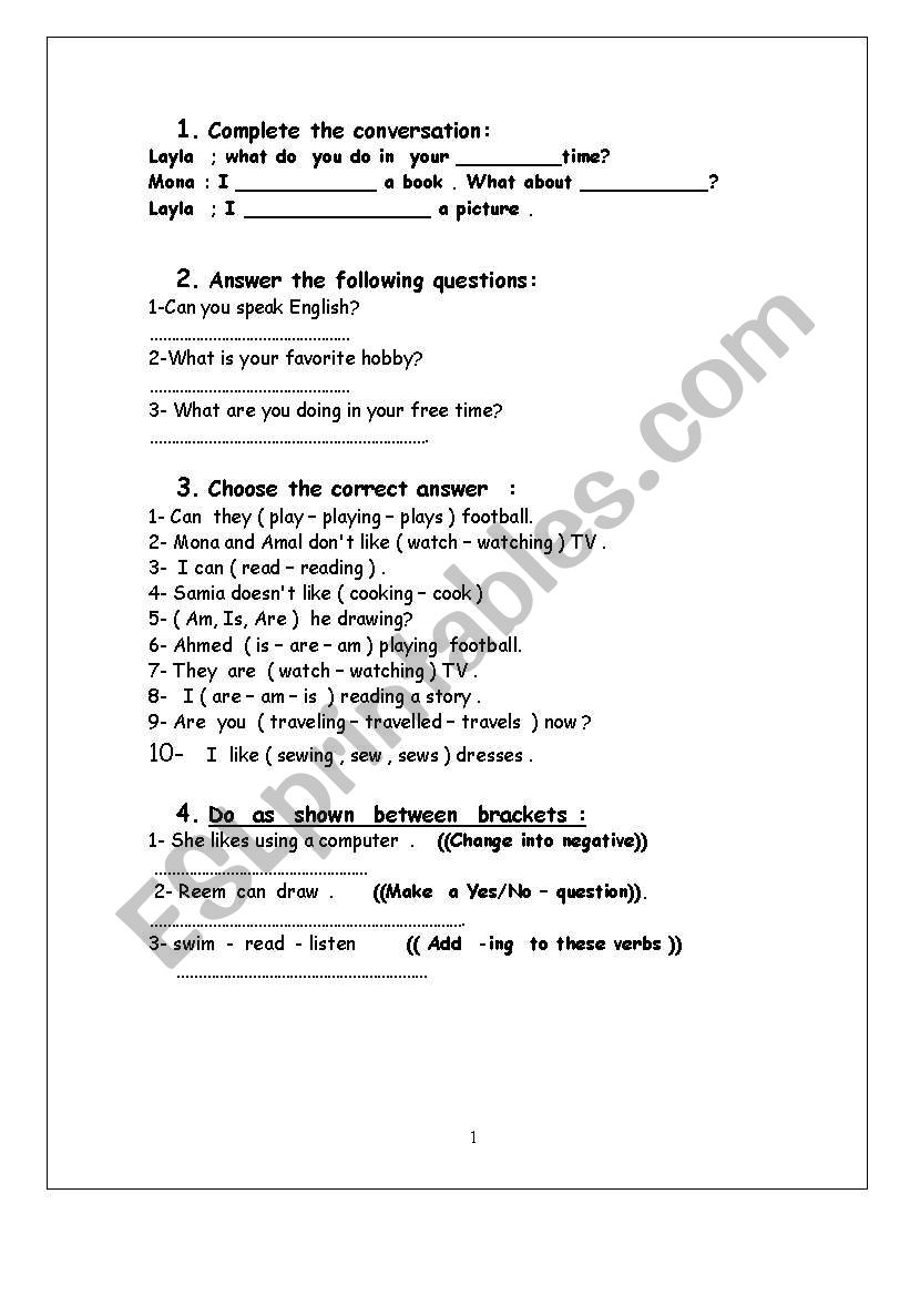 hobbies worksheet