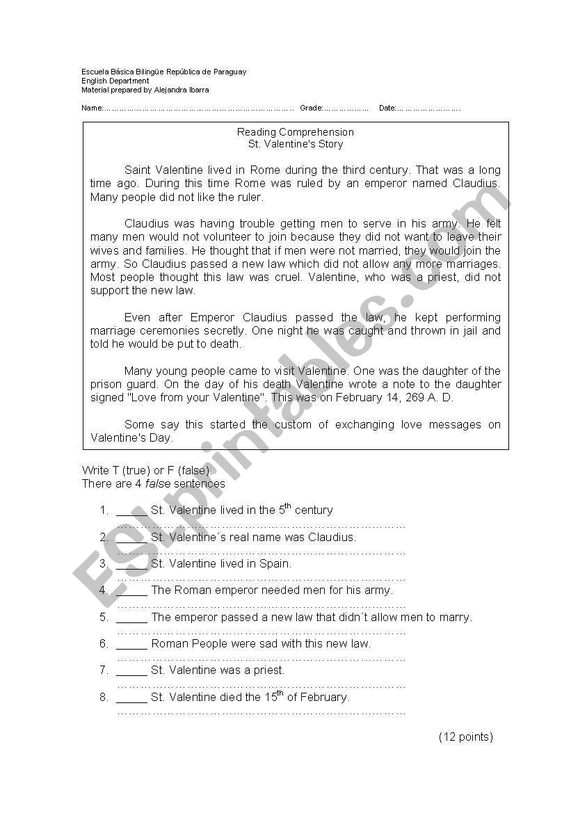 saint valentineÂ´s reading comprehension - ESL worksheet by alejandraibarra