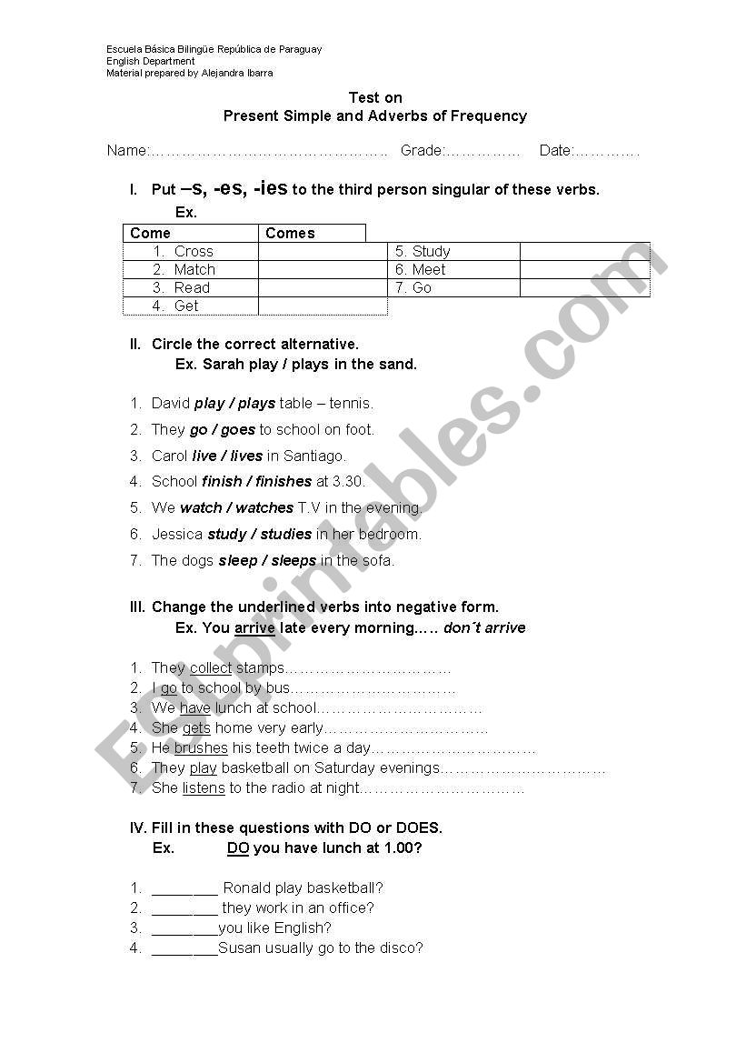 test on present simple worksheet