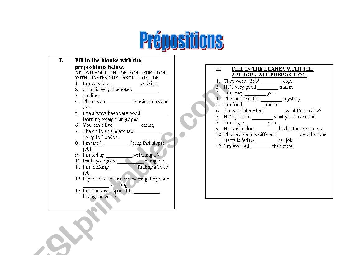 Prepositions worksheet