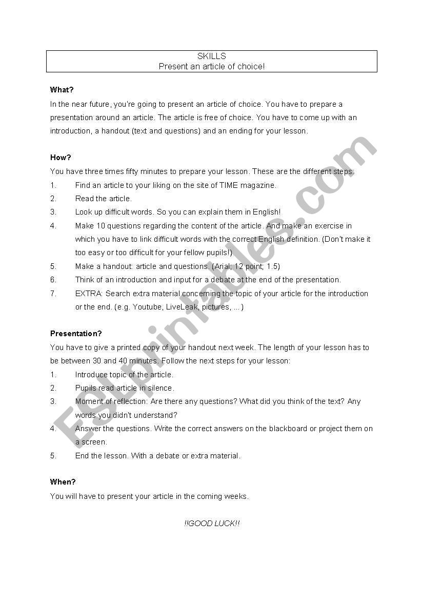 Present an article of choice worksheet