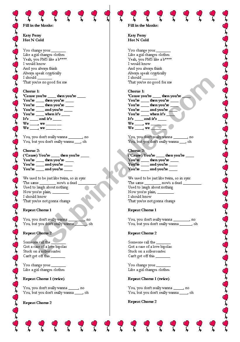 Music Hot n cold - Katy Perry worksheet