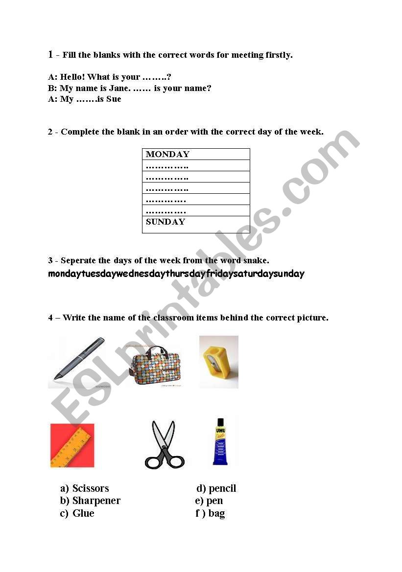 classroom objects worksheet