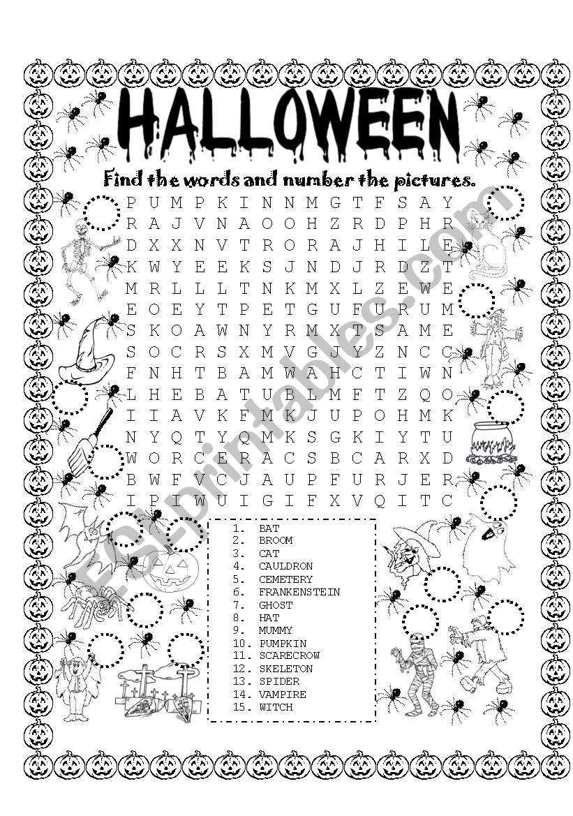 HALLOWEEN (FIND THE WORDS  AND NUMBER THE PICTURES)