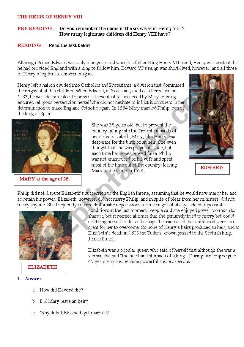 THE HEIRS OF HENRY VIII worksheet
