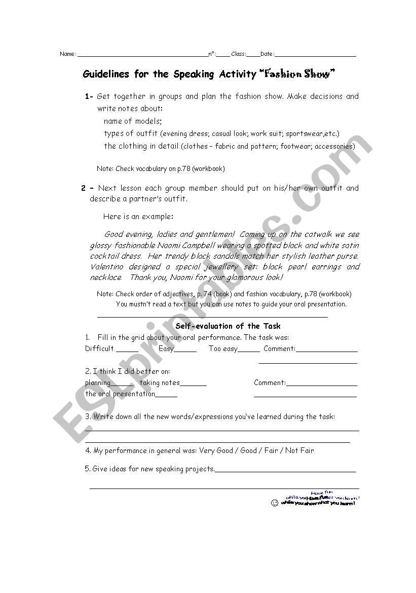 Fashion Show - speaking task worksheet