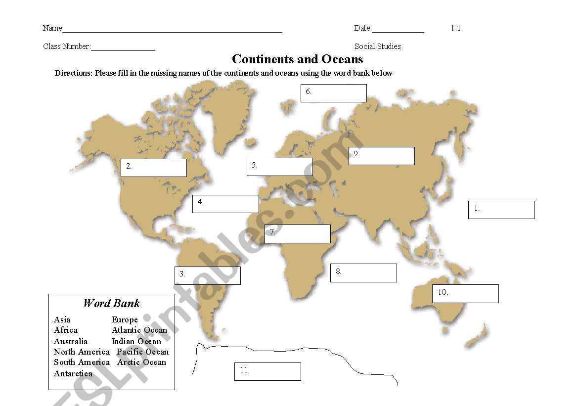 Continents and Oceans worksheet