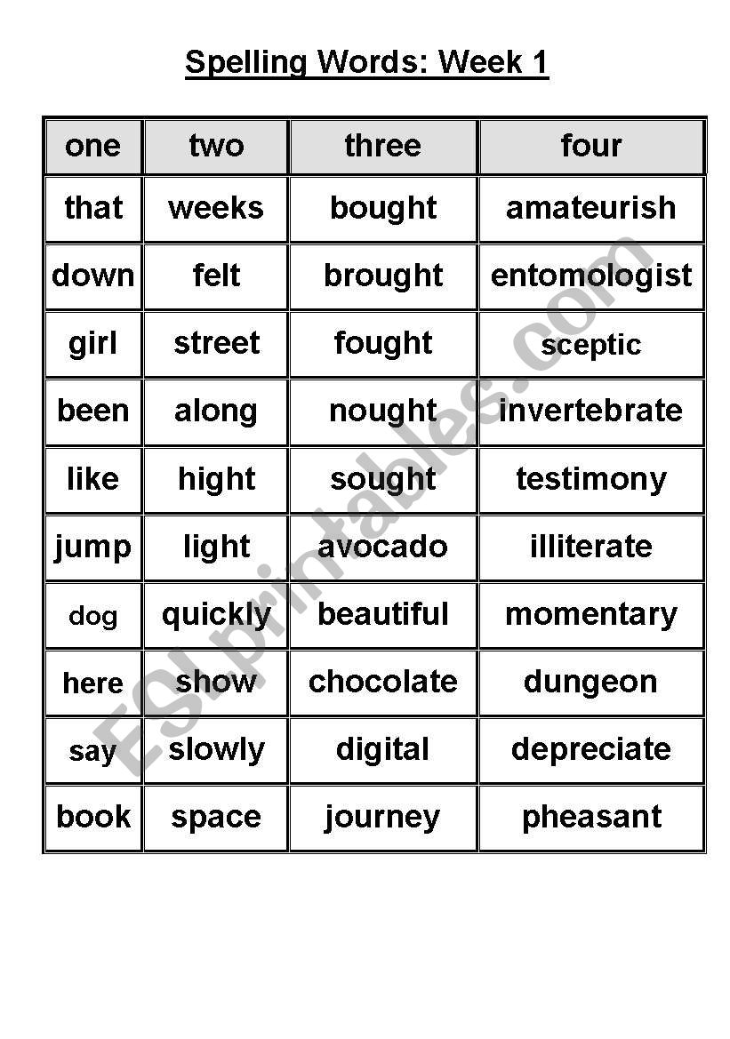 Spelling list worksheet