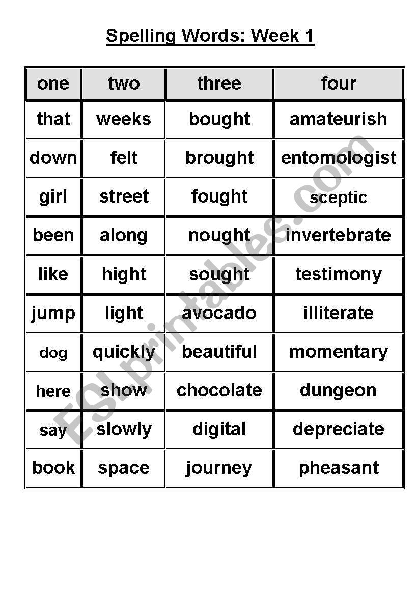 Spelling list worksheet