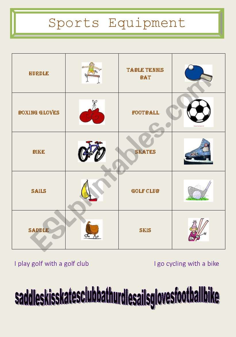 sports equipment worksheet