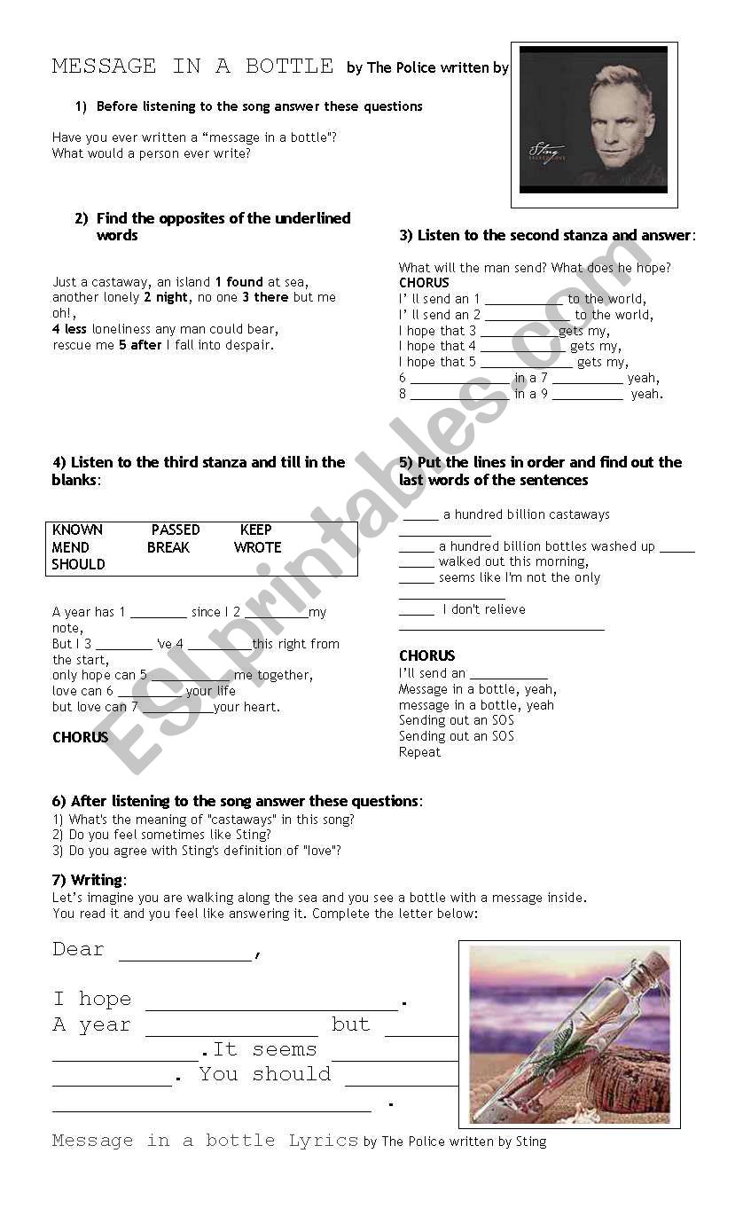 message in a bottle worksheet