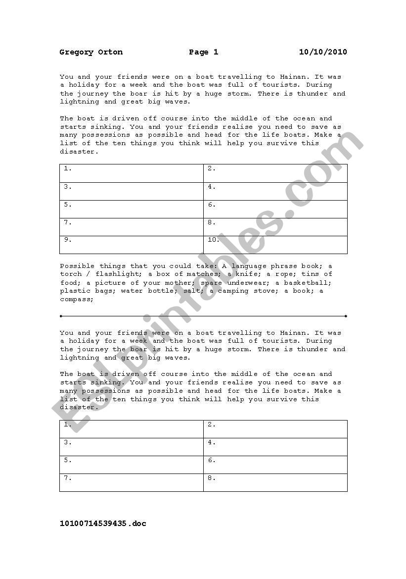 Survival Activity 1 worksheet