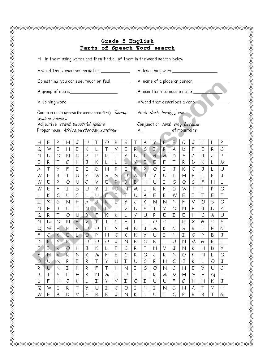 parts of speech wordsearch worksheet