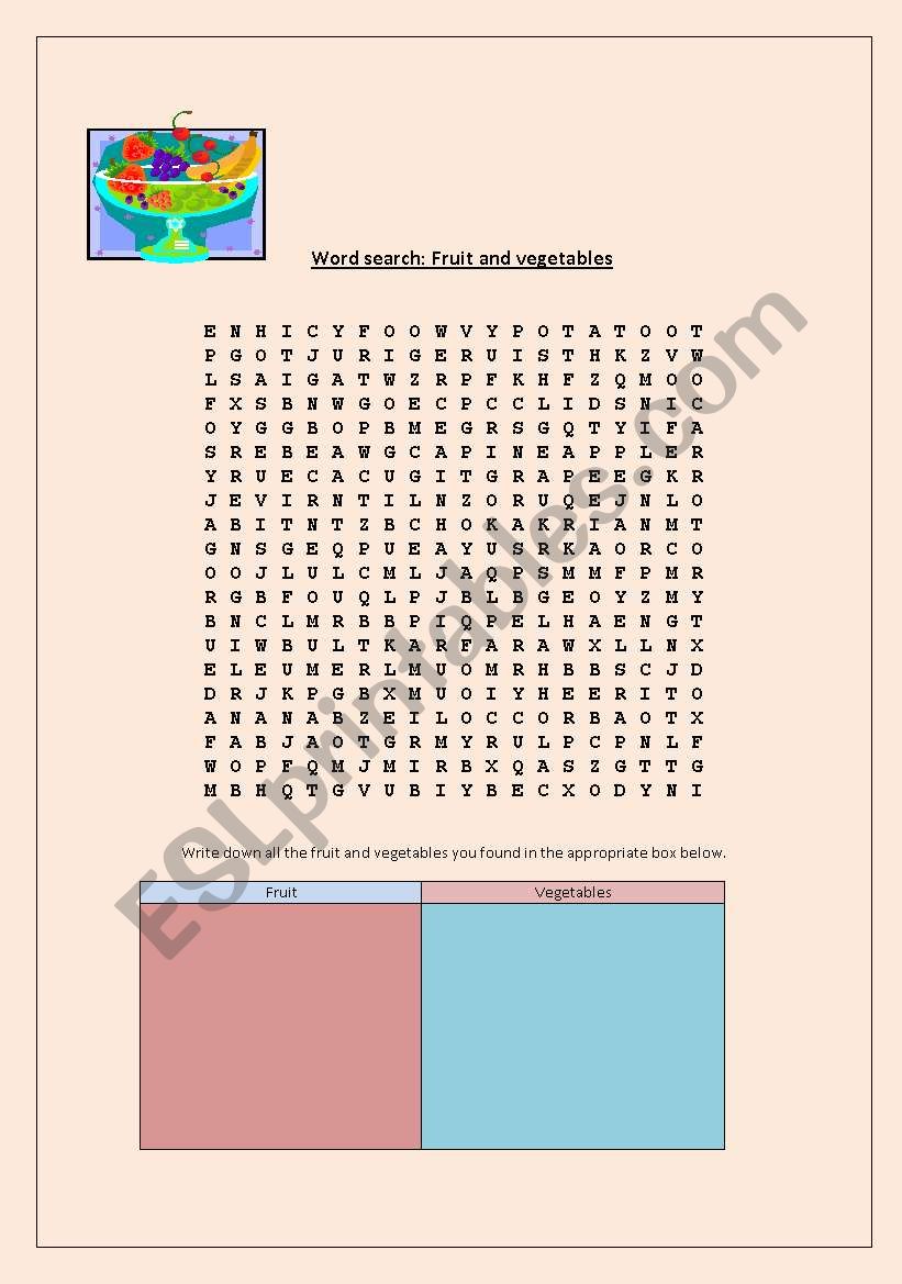 Word search: Fruit and vegetables
