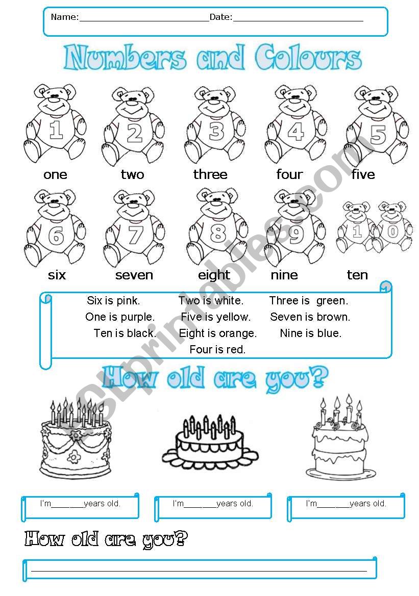 Numbers and colours worksheet