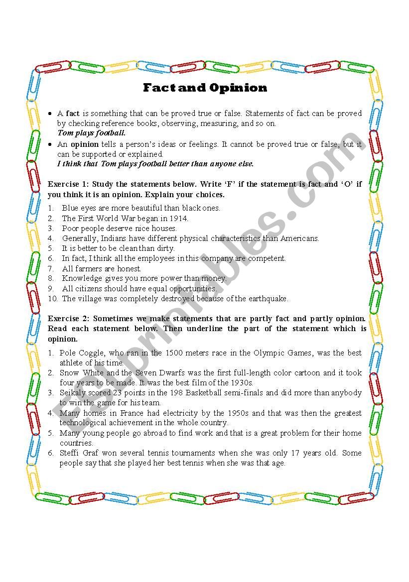 Fact or Opinion worksheet