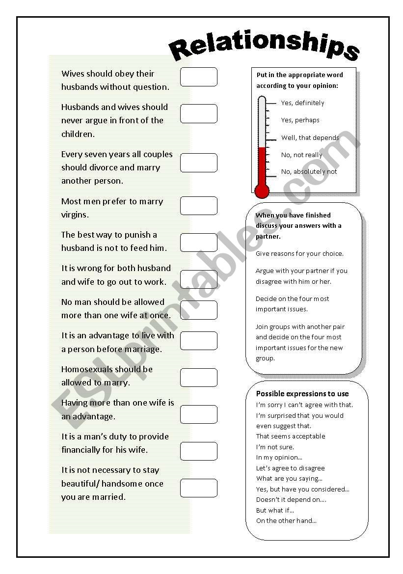 Relationships questionnaire worksheet