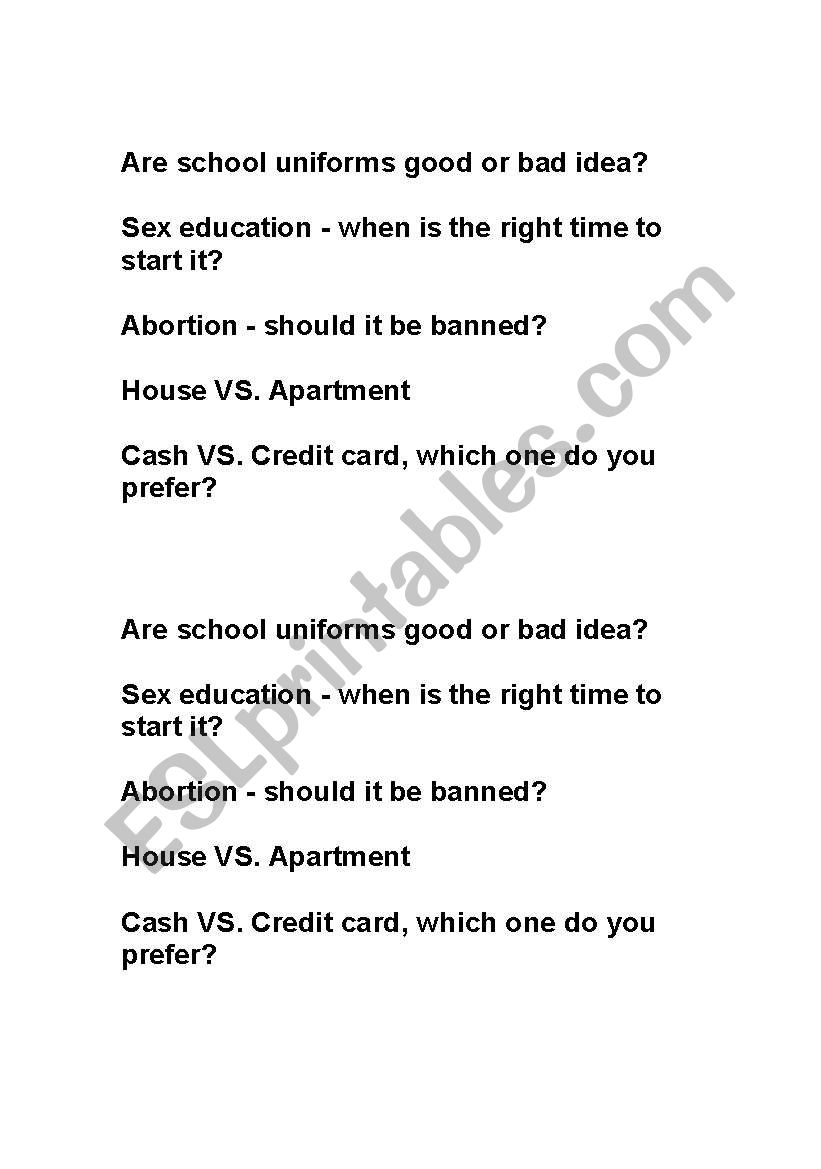 Debate quesitons worksheet