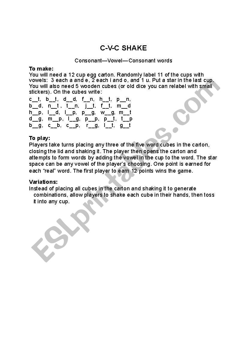 CVC SHAKE (consonant-vowel-consonant words)