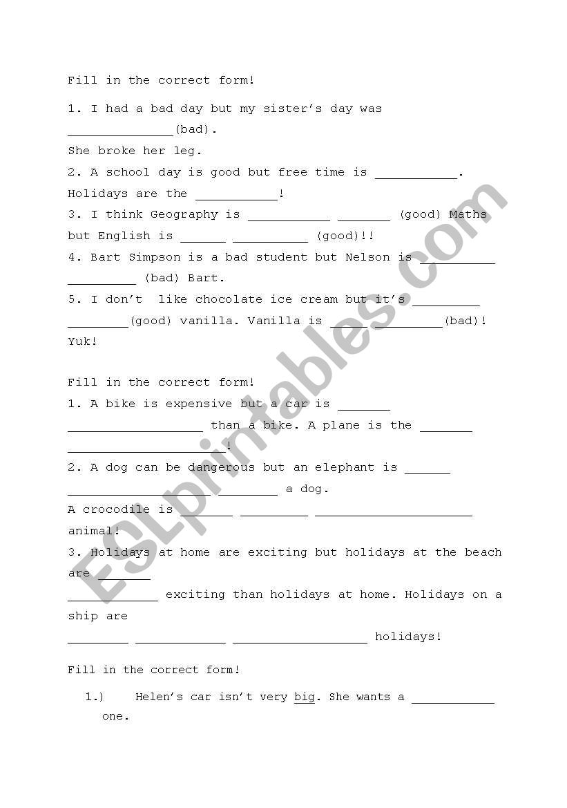 Comparison of adjectives worksheet