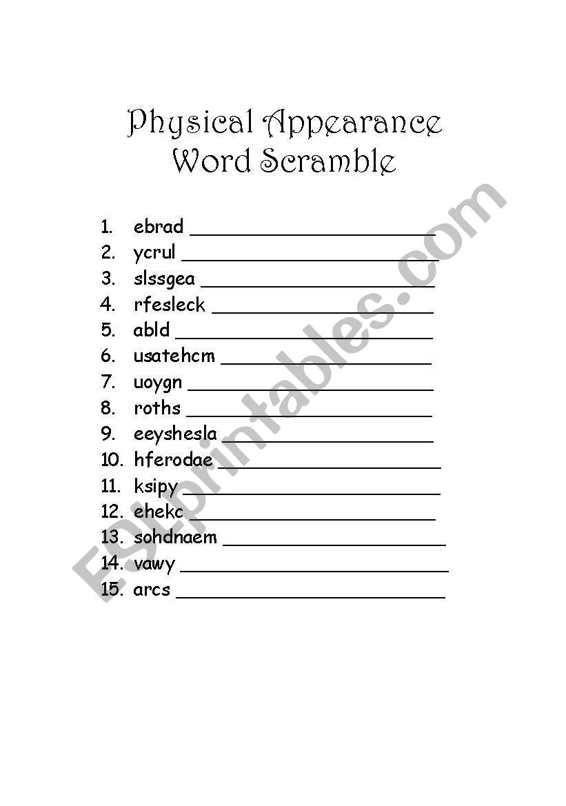 Physical Appearance Word Scramble with answer key