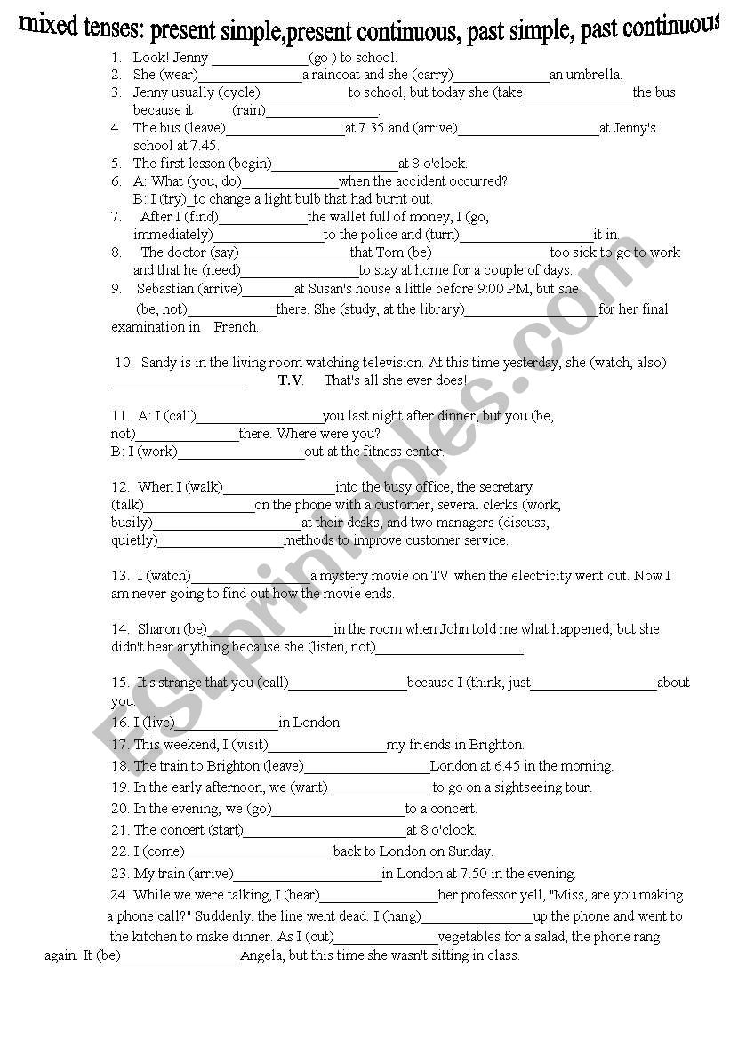 gap filling 4 tenses: present simple, continuous, past simple, past continuous