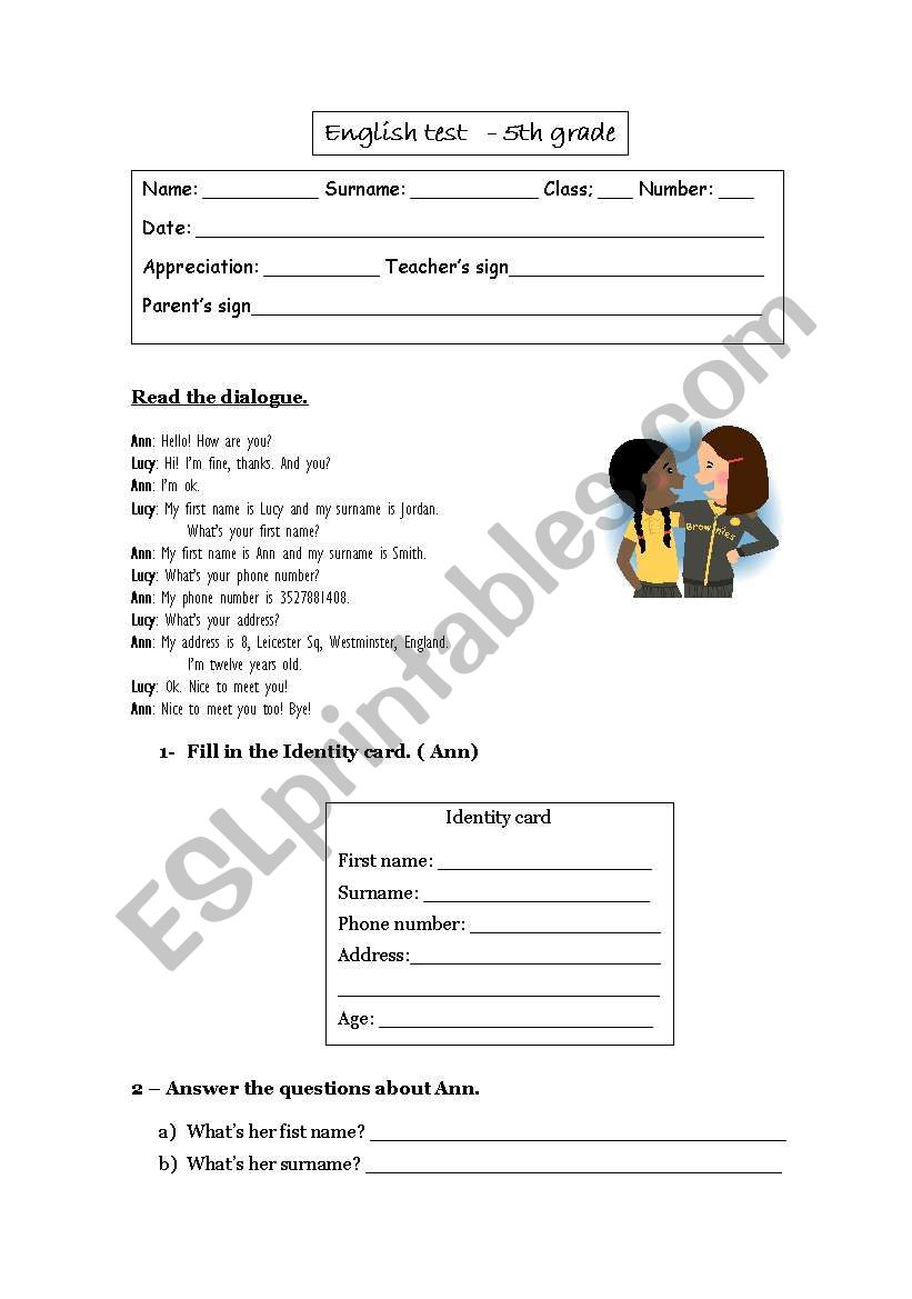 English Test - 5th grade worksheet