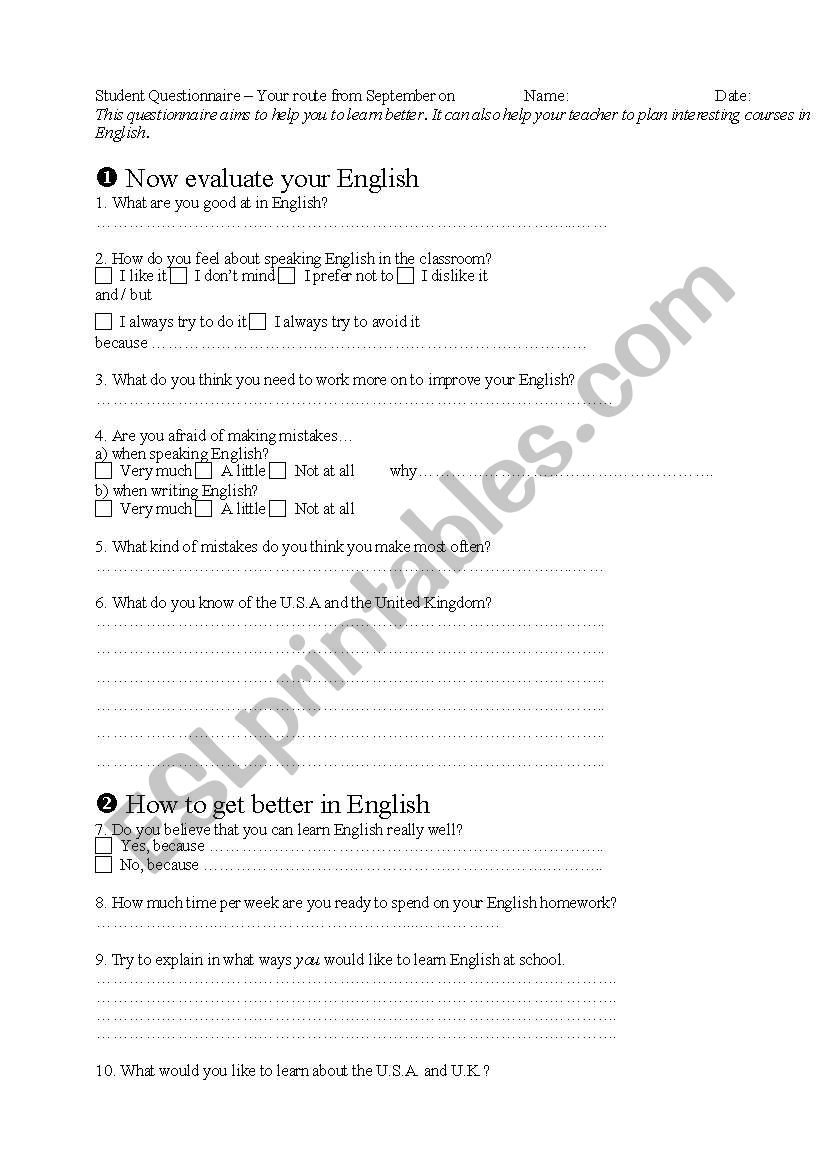 Student Questionaire worksheet