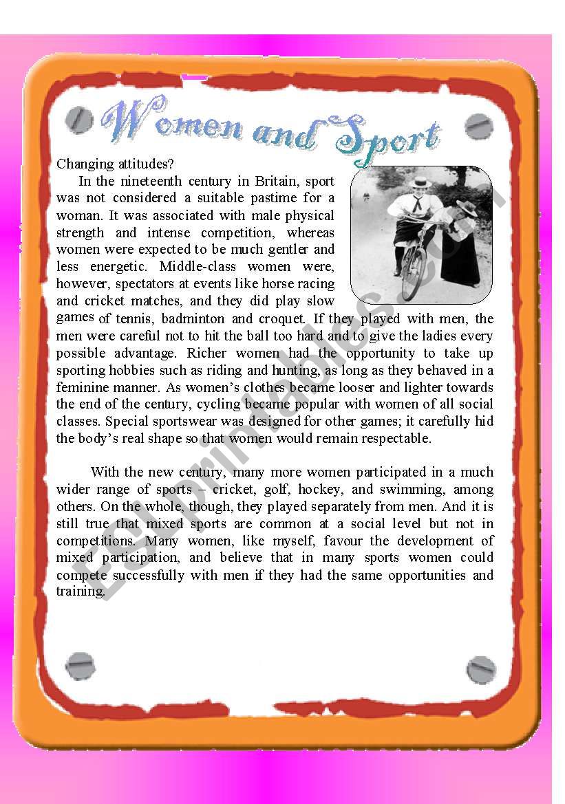 Reading - Women and Sport worksheet