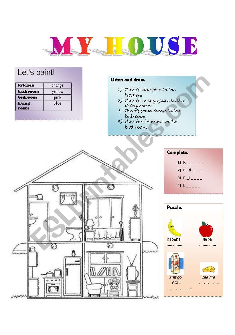 Parts of the House + colours + there is/are + food