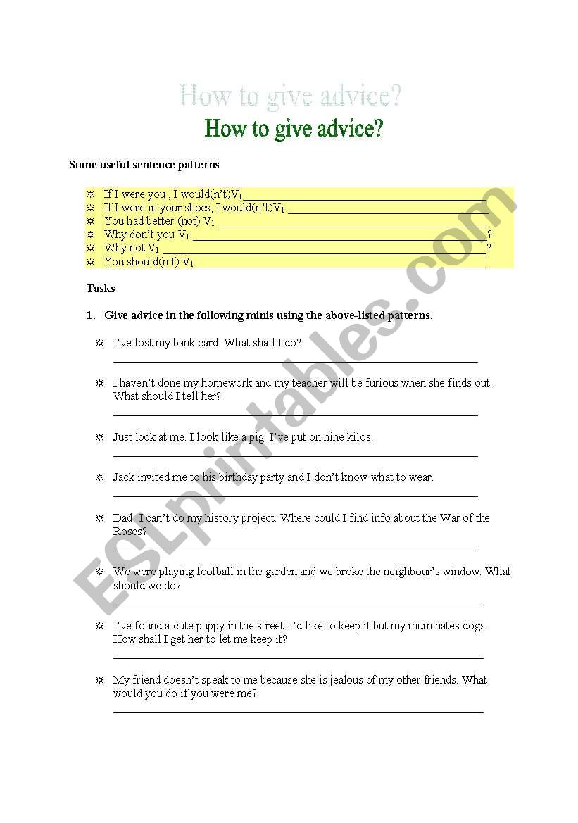 How To Give Advice worksheet