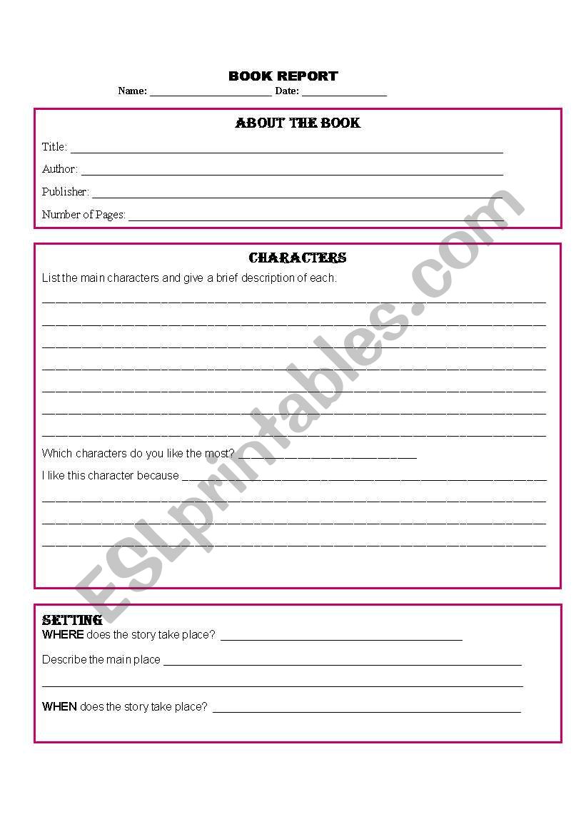 book report worksheet