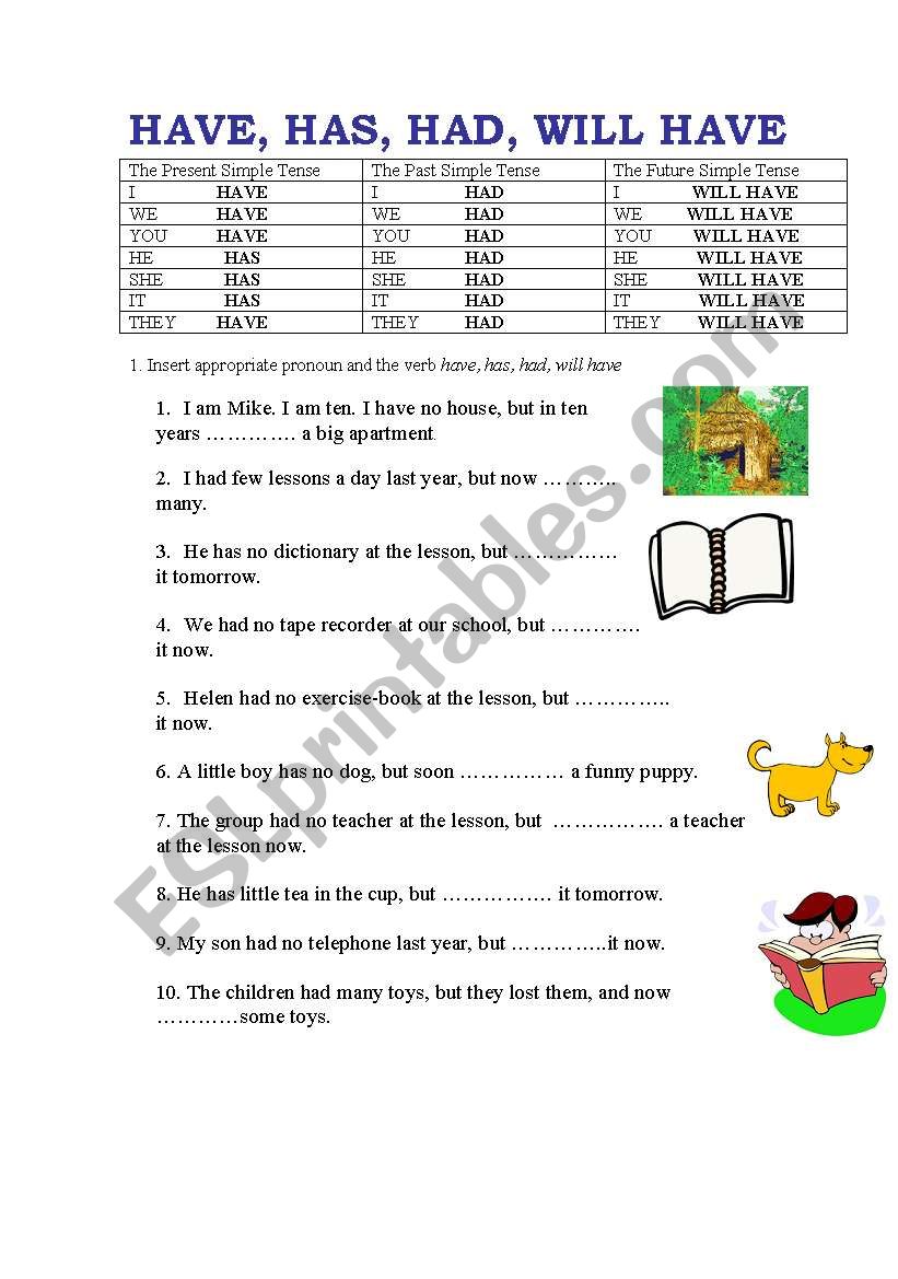 have, has, had, will have worksheet